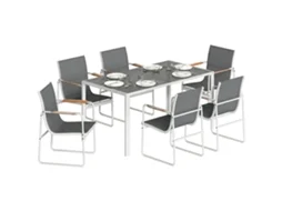Conjunto de mesa e cadeiras de jardim com mesa de vidro temperado e 6 cadeiras transpiráveis BTFORUS