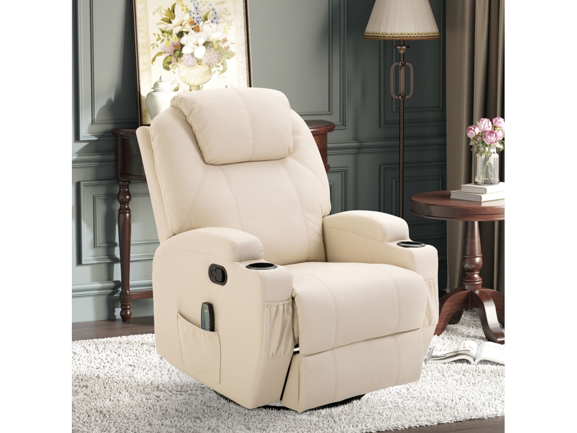 Poltrona Para Sala De Estar Na Cor Creme, Com Função Reclinável, Massagem, Vibração, Suporte Para Tv E Bolso Lateral.