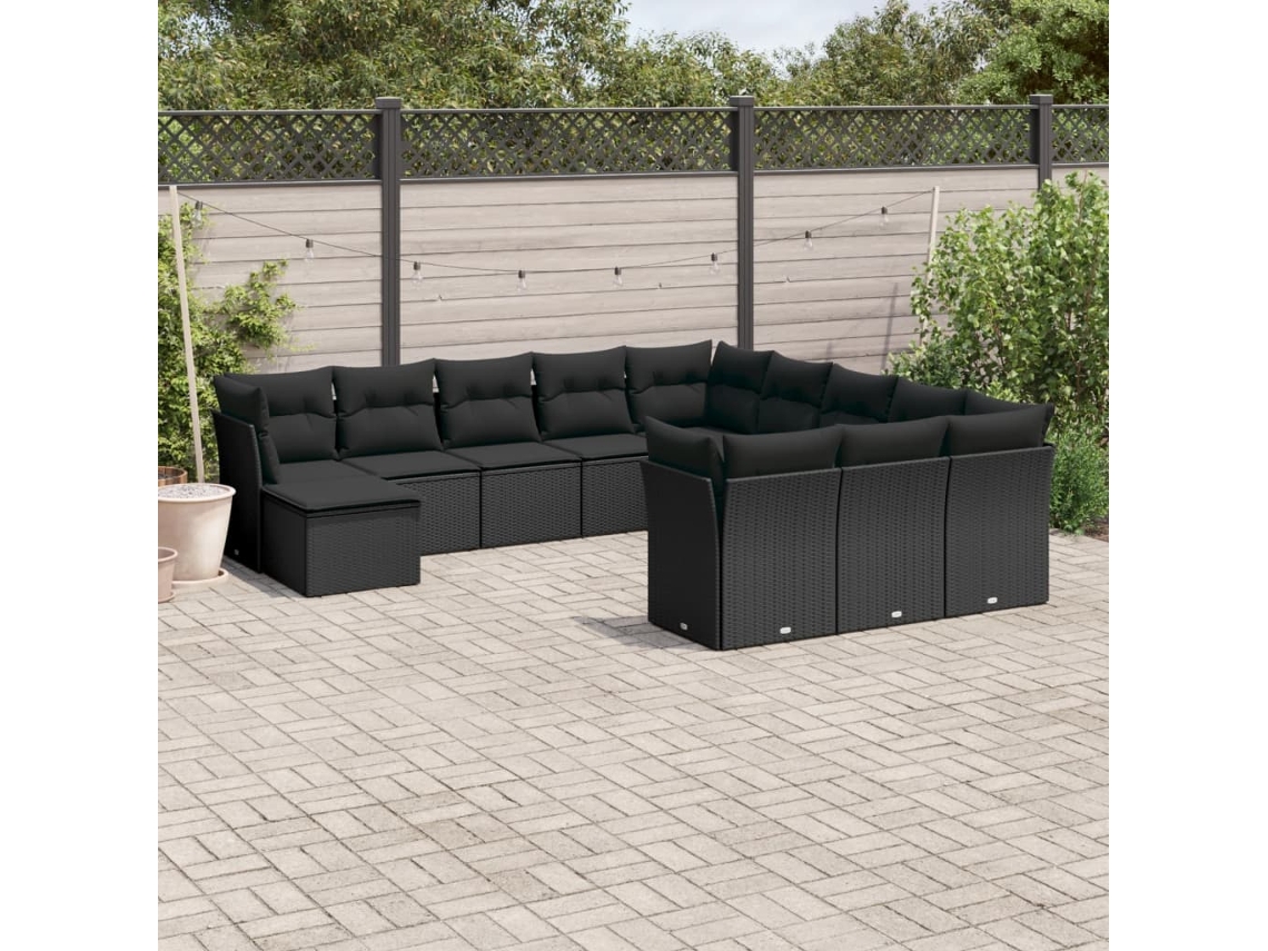 12 Pcs Conjunto De Sofá Jardim C/ Almofadões Vime Pe Preto Dkd Home Decor
