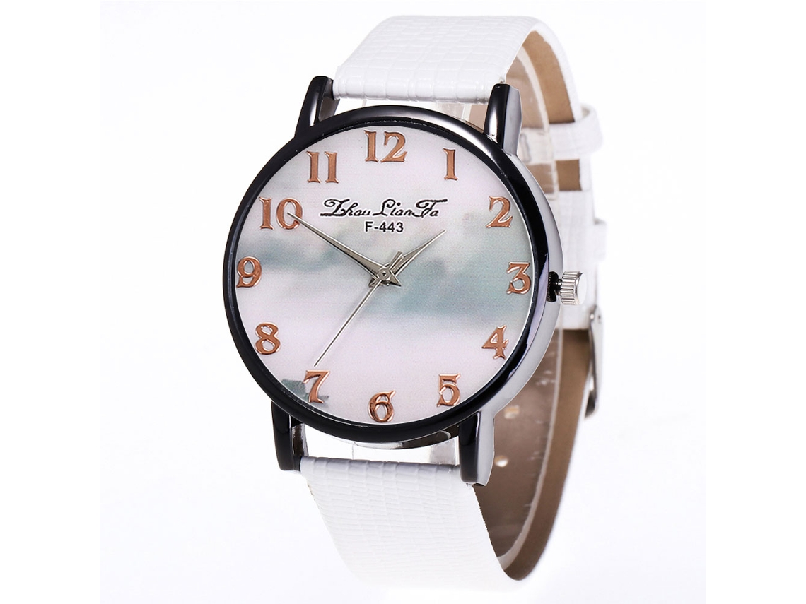 Relógio feminino de quartzo com pulseira de couro PU, mostrador clássico branco com numerais, Zhoulianfa