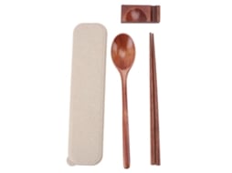 Conjunto de colher e palitos de madeira portátil reutilizável com capa para viagens camping escritório S/MARCA