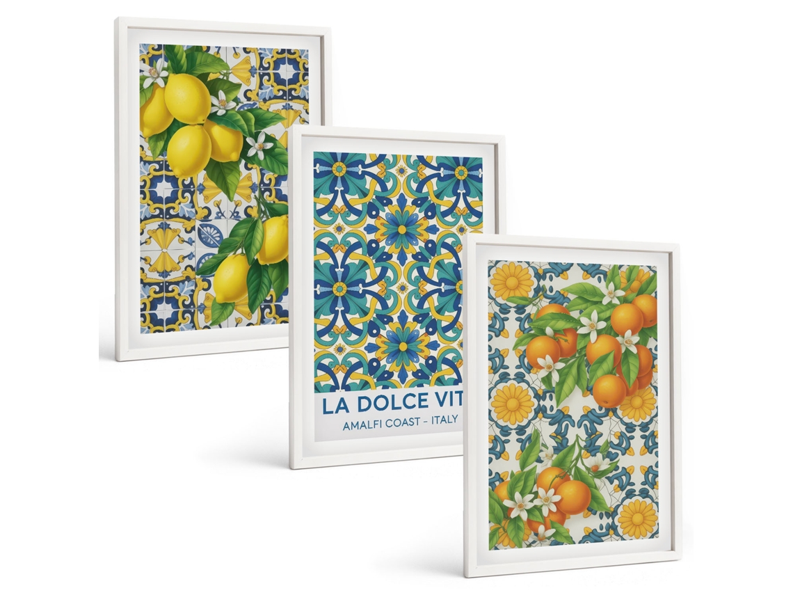 Composição De Quadros Limões, Flores, Laranjas, Itália Moldura Branca Pinturas De Quarto Espelharte (3 Piezas De 40x60 Cm)