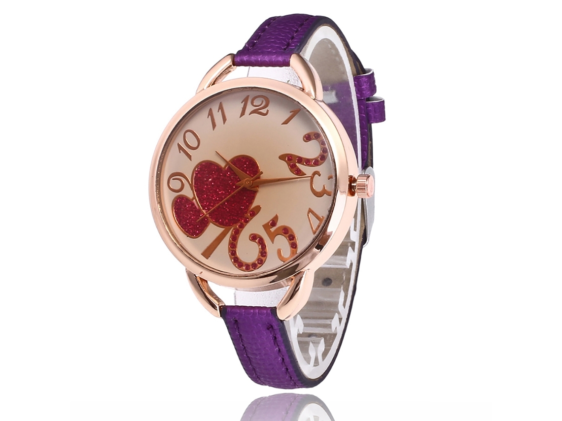 Relógio de quartzo com mostrador redondo e pulseira de couro, modelo Double Heart Gift, roxo.