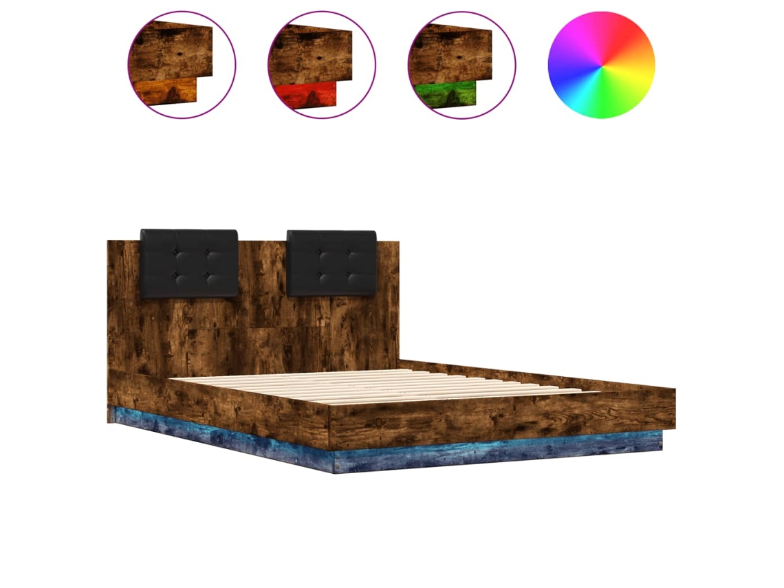 Estrutura de Cama com Cabeceira e Luzes Led MAISON EXCLUSIVE Carvalho Fumado (150x200 cm)