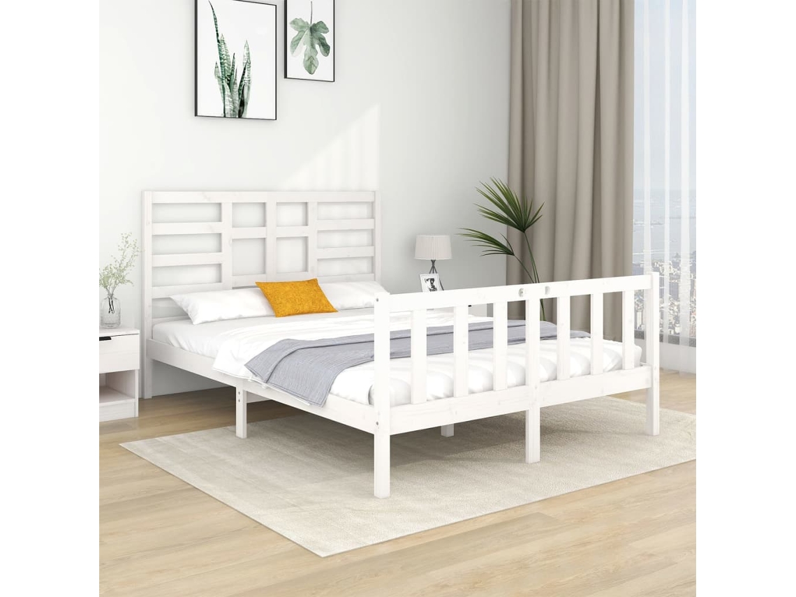 Estrutura De Cama 140x190 Cm Madeira Maciça Branco