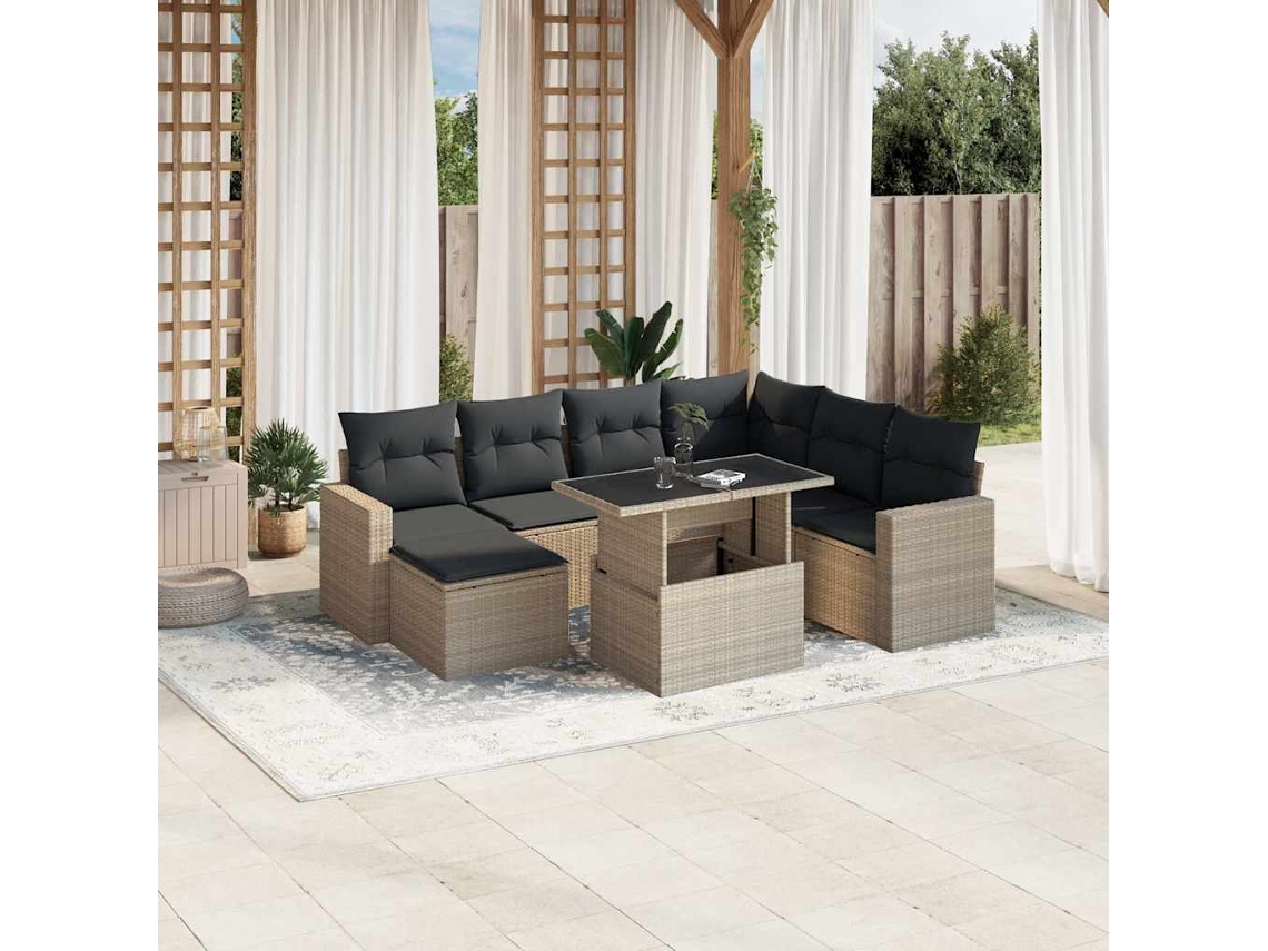 Vidaxl 8 Pcs Conj. Sofás Jardim C/ Almofadões Vime Pe Cinzento-claro