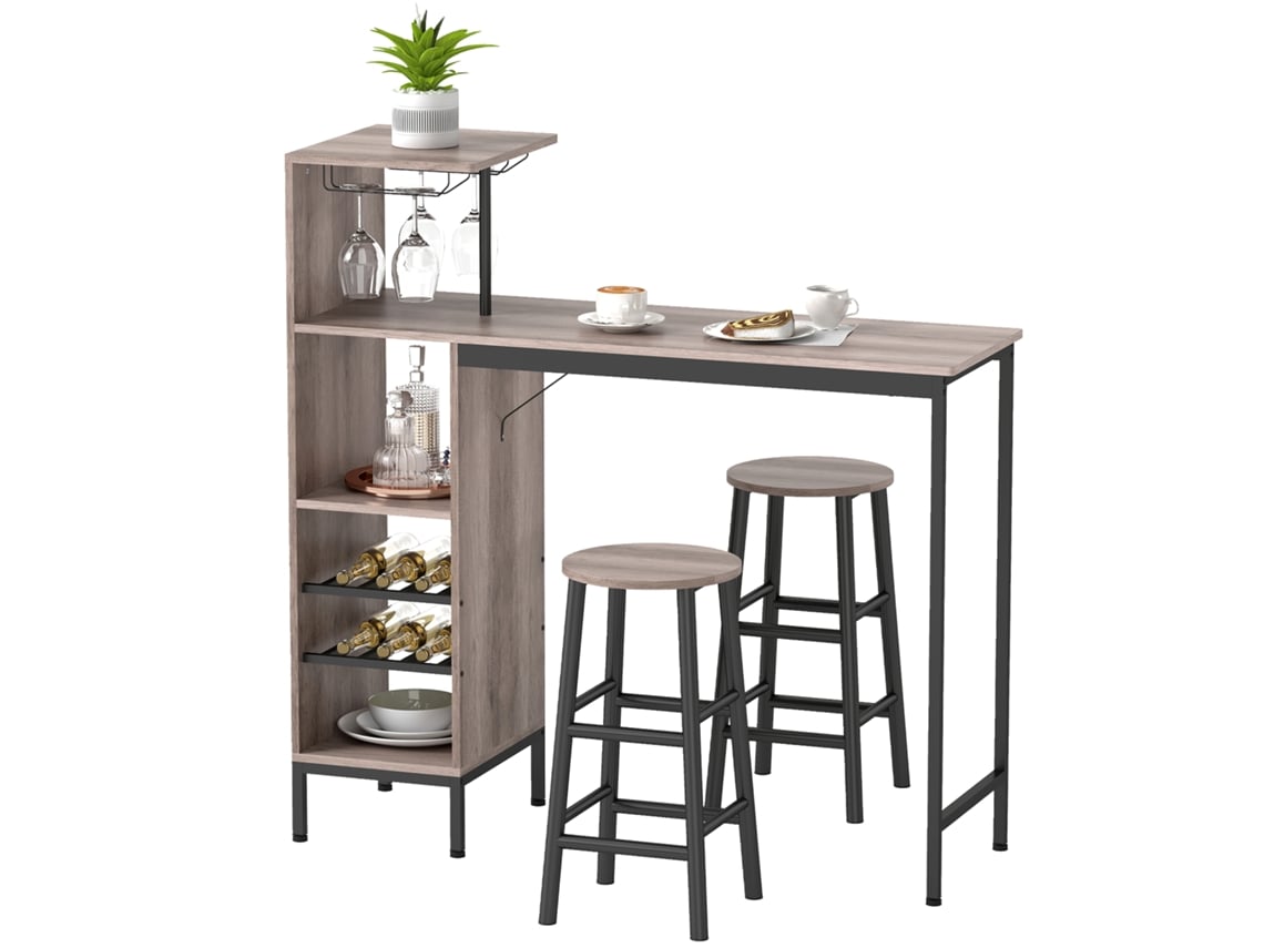 Conjunto de Mesa de Bar com Armazenamento, 2 Bancos, Cabides para Vinhos, Porta copos, para Espaços Pequenos, Cinza MARCA
