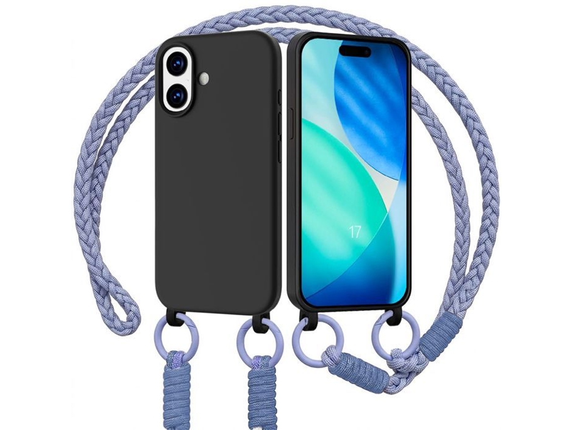 Capa Para Iphone 17, Silicone Líquido Preto, Fina E Resistente A Impactos, Com Cordão Roxo.