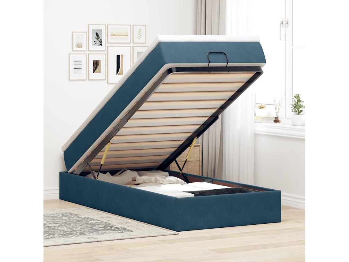 Vidaxl Estrutura Cama Otomana Com Colchão Azul Escuro 90x190cm Veludo