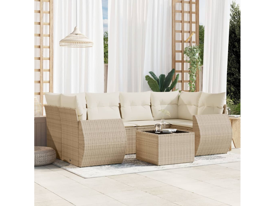 Vidaxl 7 Pcs Conjunto De Sofás P/ Jardim Com Almofadões Vime Pe Bege