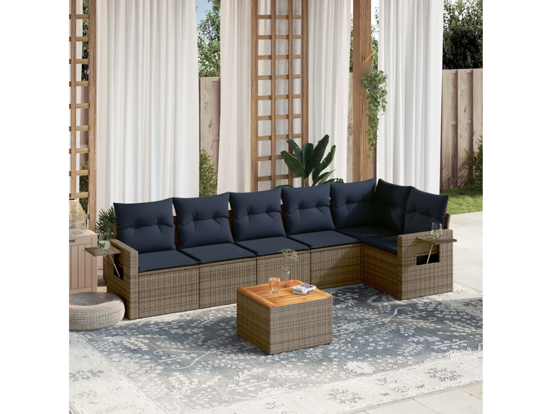 Vidaxl Conjunto De Sofá De Jardim Com 7 Peças E Almofadas Em Rattan Sintético Cinza