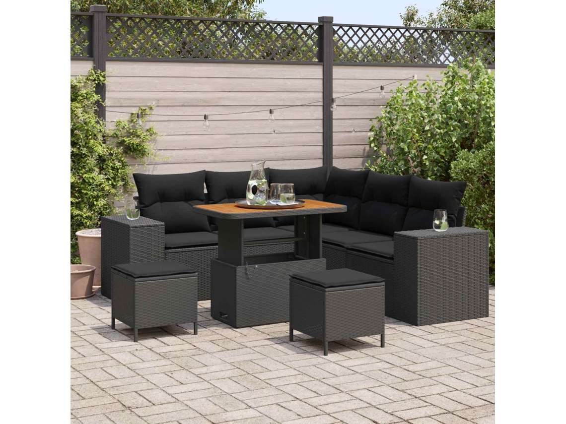 Vidaxl Conjunto De Sofá De Jardim Com Almofada 8 Pcs Preto Vime Pe