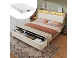 Cama De Casal 160x200 Cm - Cabeceira Com Arrumação, Iluminação Led, Encosto Almofadado Bege, Com Banco De Arrumação - Madeira Clara