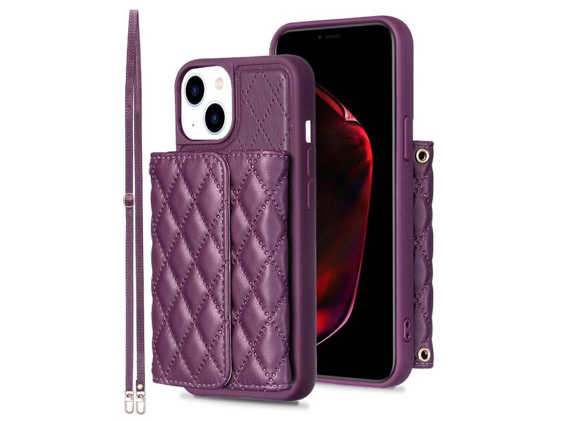 Suporte Casa Para Iphone 15 Pele Sintética Com Porta-cartões Roxo