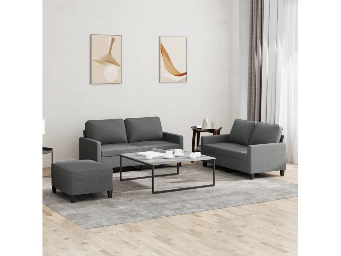 Vidaxl 3 Pcs Conjunto De Sofás Com Almofadões Tecido Cinzento-escuro