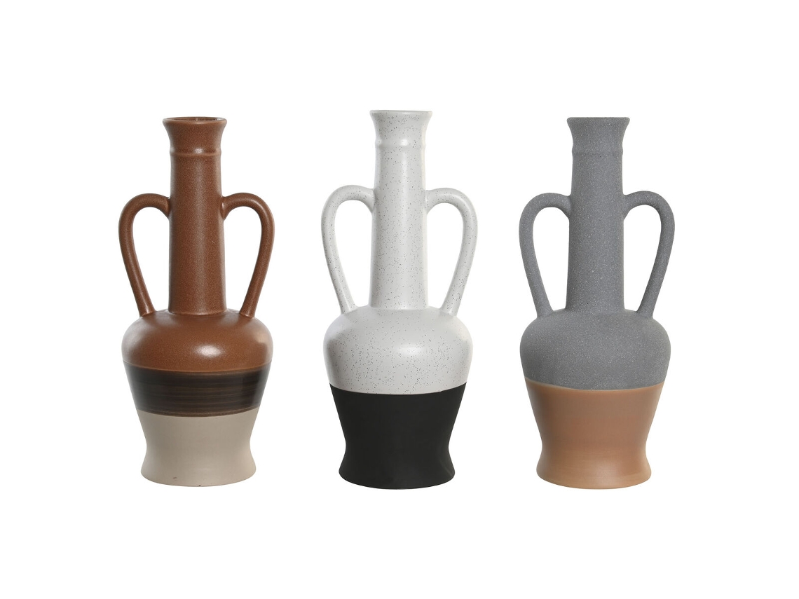 Vaso Dkd De Decoração De Casa De Branco Cinzento Terracota Porcelana 12,7 X 12,5 X 30 Cm (3 Unidades)