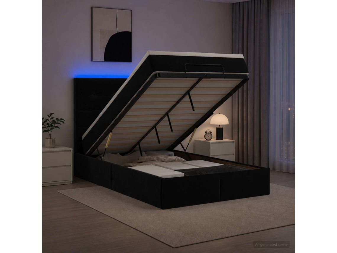 Vidaxl Cama Ottoman Com Colchão E Led Preto 120 X 200 Cm Veludo