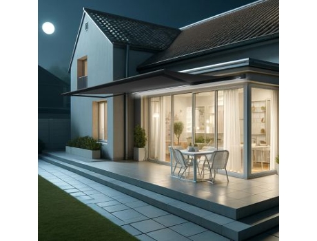 Toldo Coffre Hevoa Cinza Antracite 6,00x3,50 Motorizado com socorro telecomando e LED - Tela Cinza Escura