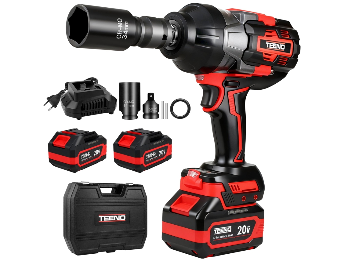 Chave De Impacto Sem Fio Sem Escova De 3/4 Pol., Torque Máximo 1600 N·m, 2 Baterias De 4,0 Ah, Cabeça Giratória De 90°, Base Giratória De 180°