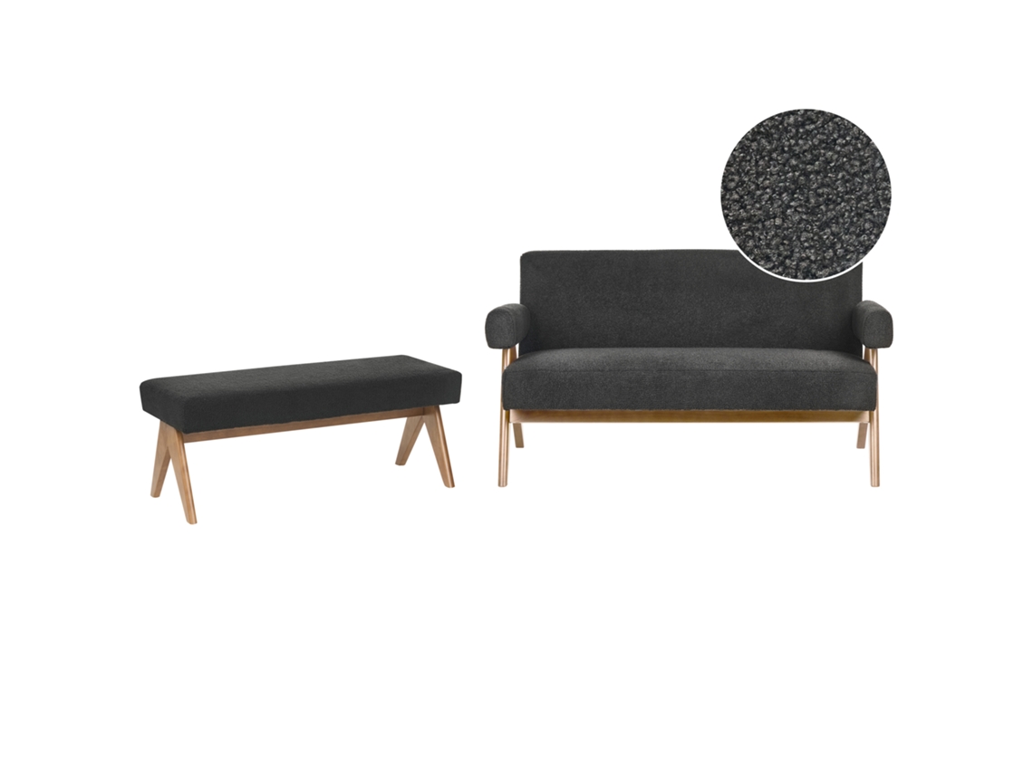 Conjunto De Assentos Com Pernas De Madeira Beliani Tamre De Bouclé Preto/castanho Escuro 148x78x79