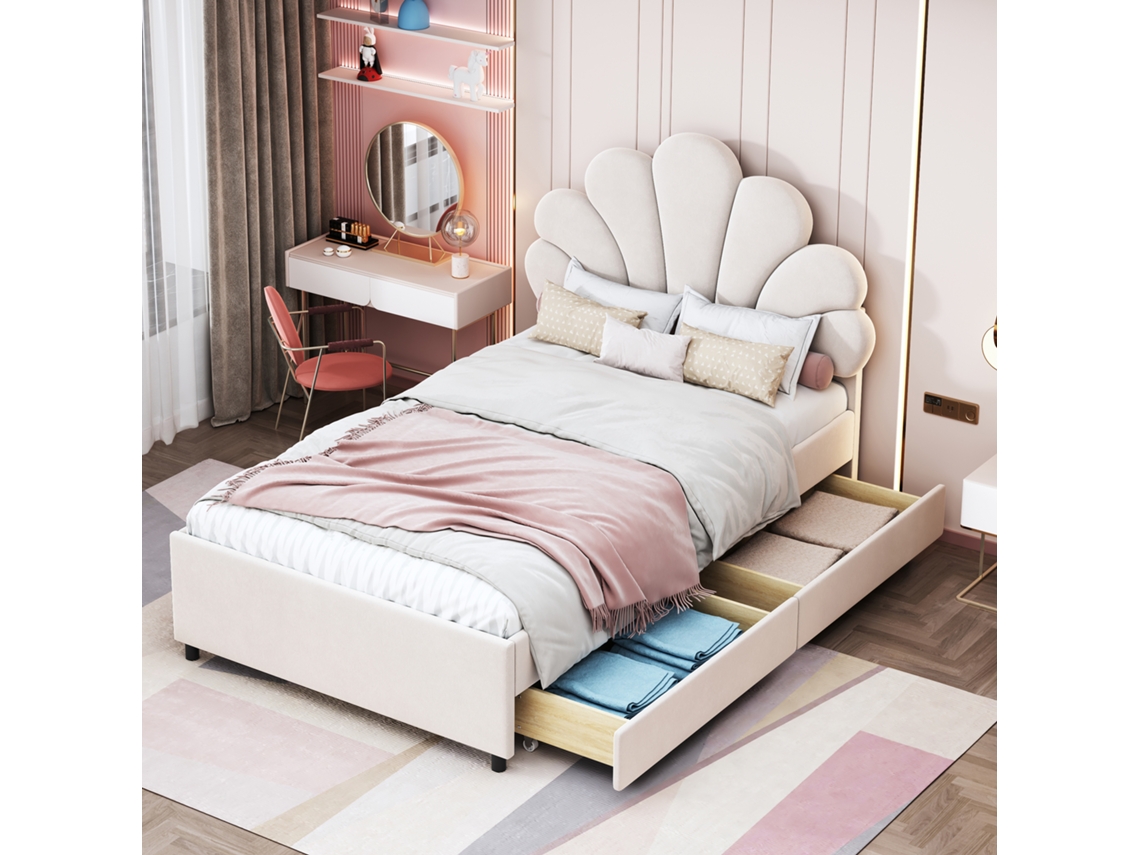 Cama Infantil 90x200 Estampa Floral em Veludo Bege