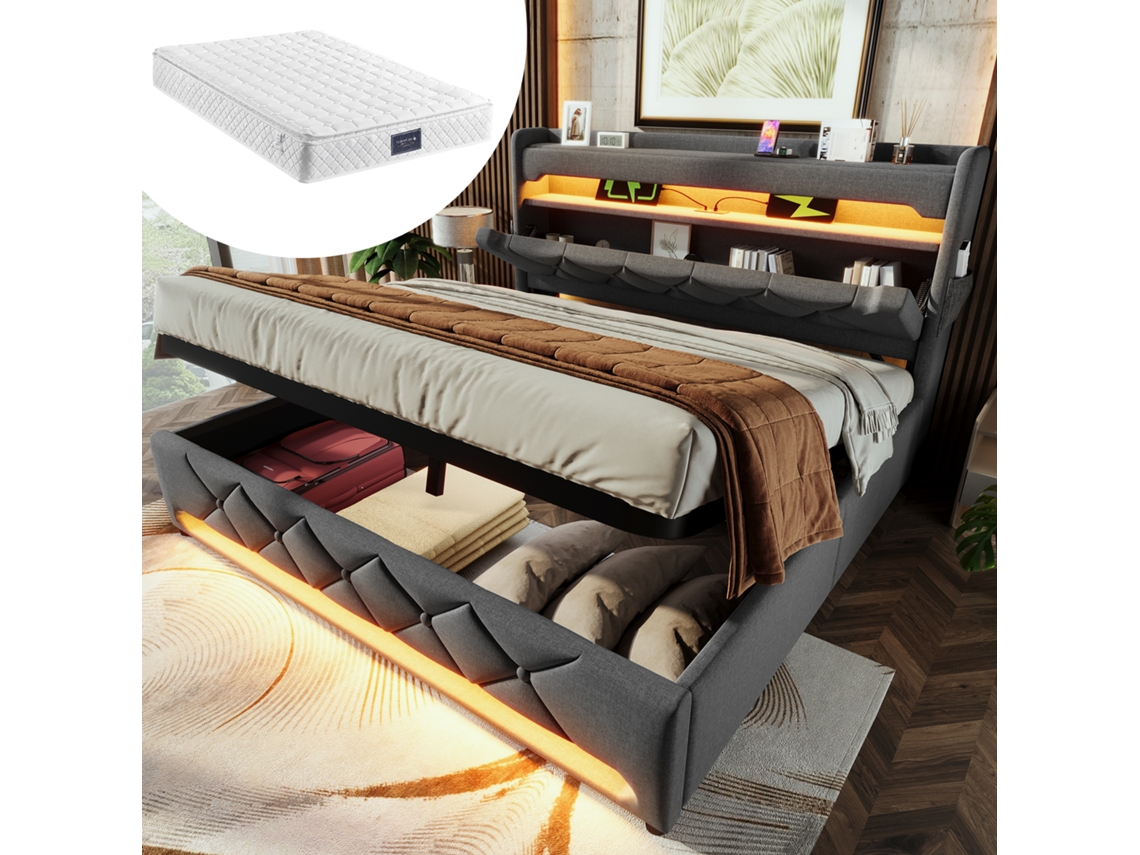 Cama de Solteiro VSOGA 90x200 cm com iluminação led, gavetas, cabeceira ajustável, hidráulica, sem colchão