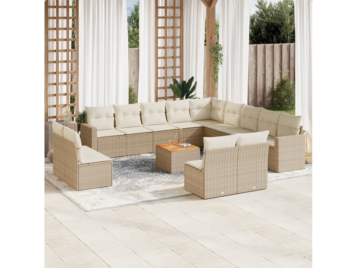 14 Pcs Conjunto De Sofás P/ Jardim Com Almofadões Vime Pe Bege Dkd Home Decor
