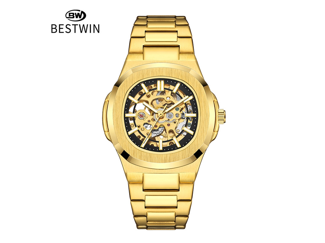Relógio Mecânico Masculino Esqueleto Luminoso de Dupla Face MDUG (dourado e Preto)