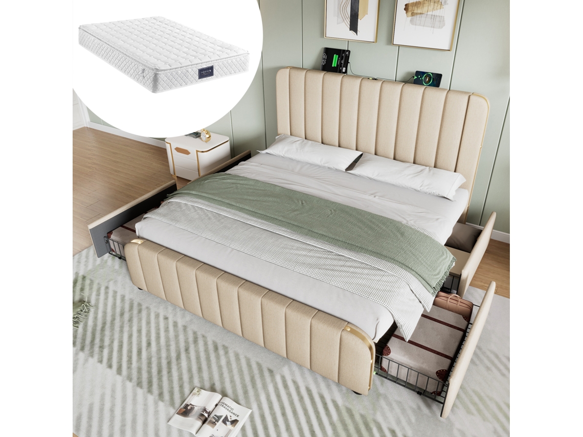 Cama Casal 160x200 Cm Bege Linen Usb-c 4 Gavetas Cabeceira Dourada
