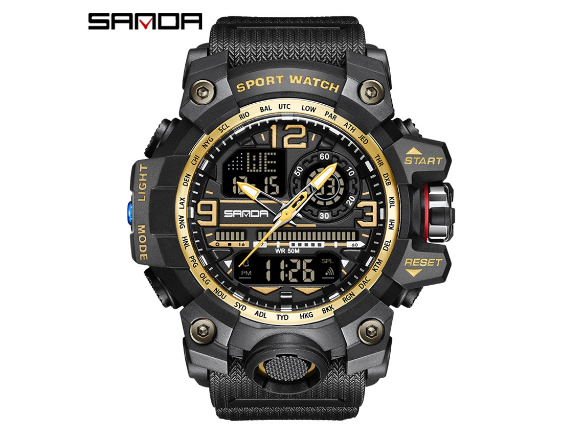 Relógio Esportivo Multifuncional Moderno e Estiloso com Acabamento Luminoso. MDUG (preto e Dourado Masculino)