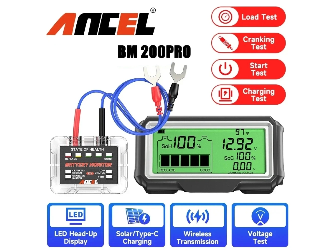 01-ancel Bm200 Pro 12v Testador de Bateria Automotiva com Monitor Head-up e Display LED À Va D'água Soh Soc Carregamento Analisador de Capacidade de Bateria