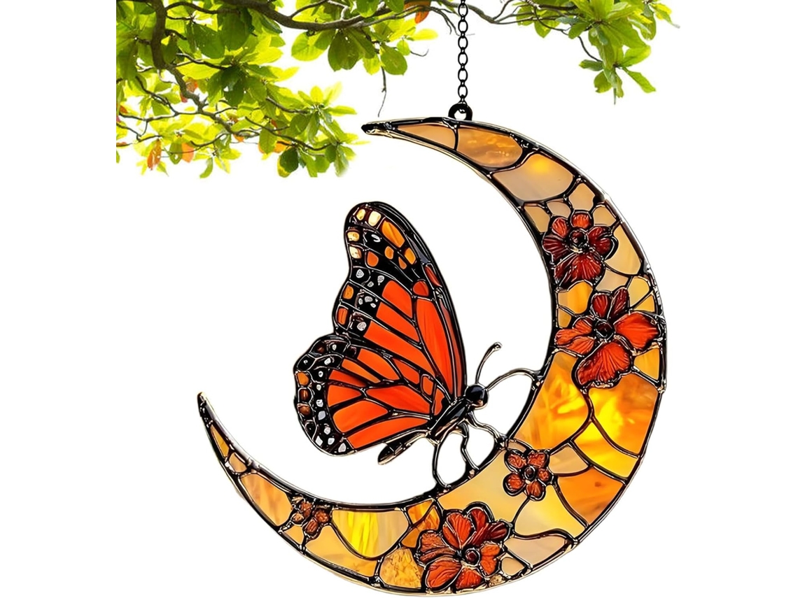 Apanhador de Sol Borboleta e Flor Lua Ornamento Artístico em Acrílico com Design de Borboleta Monarca Peça Decorativa CHABERLU