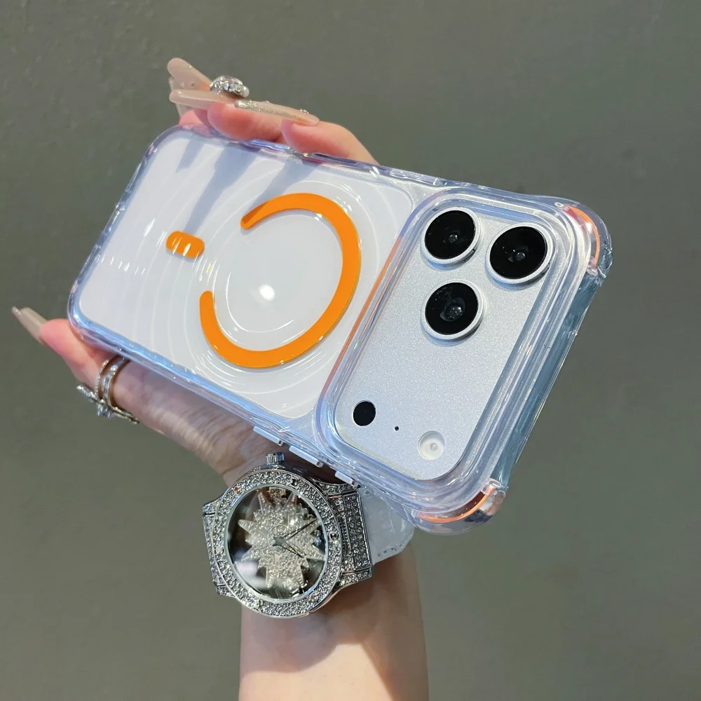 (laranja, Iphone 16) Capa Magnética Magsafe Com Textura Ondulada, Transparente E Com Almofada De Ar Para Proteção.