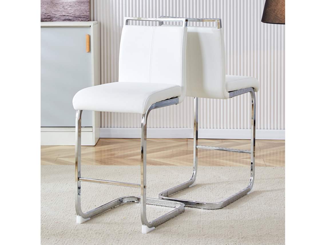Banco Bar Nórdico 2un, Couro Sintético Branco, Pernas Metal Prateado. Altura 96,5cm.-kd