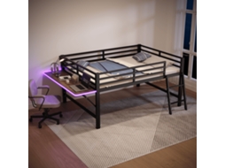 Cama Plana Metal 140x200 Grade Proteção Escada Escrivaninha Led Preta