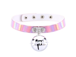 Colar De Couro Pu Holográfico Pingente Sino Estilo Punk Vintage Rosa