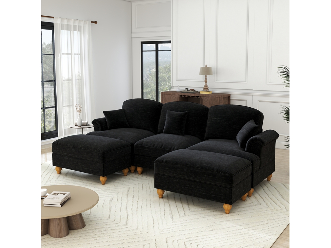 Sofá De 3 Lugares - Chenille, Braços Cónicos, Saia Removível, Pernas Torneadas - Preto