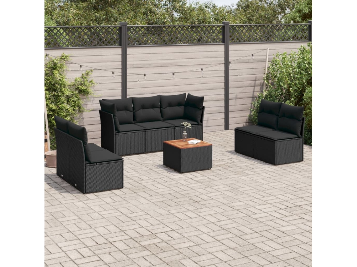 Vidaxl 8 Pcs Conjunto Sofás De Jardim Com Almofadões Vime Pe Preto