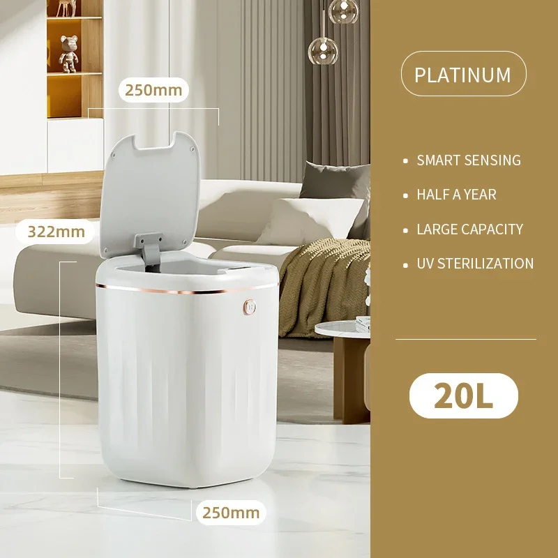 Lixeira Inteligente Com Sensor (branca, Recarregável, 20l), Sem Contato, Para Cozinha E Banheiro