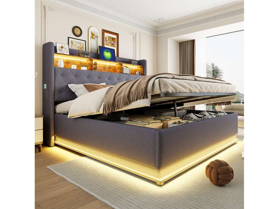 Cama Estofada 180x200 Cm, Armazenamento, Porta Usb, Tecido De Linho, Cinzento