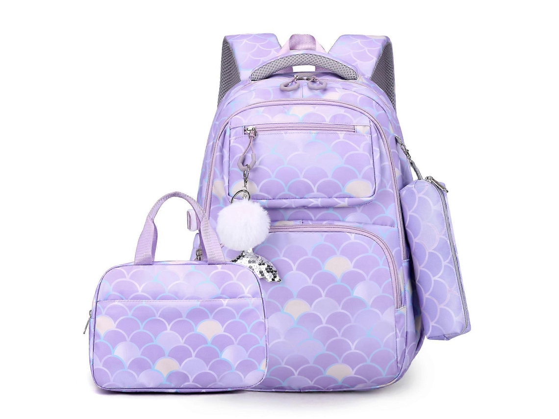 Mochila Estilosa Com Estampa, Lancheira E Estojo, Alça De Ombro Ajustável, Ideal Para Estudantes. Roxa.