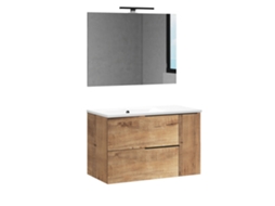 Móvel Banheiro Com Pia, Espelho E Luz Led Tribu 80x45 Cm Acabamento Carvalho Ostippo Fosco 2 Gavetas Suspenso Kibath