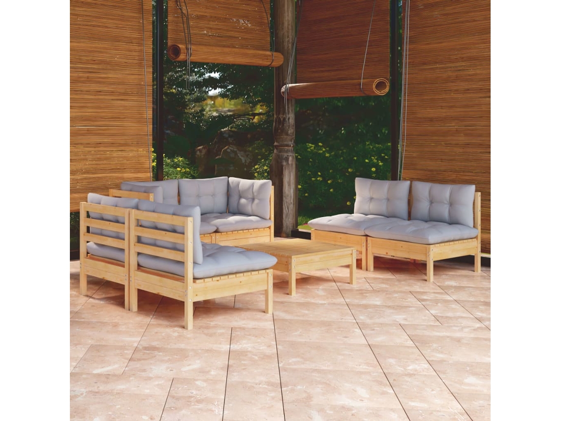 Vidaxl 7 Pcs Conjunto Lounge De Jardim + Almofadões Cinza Pinho Maciço