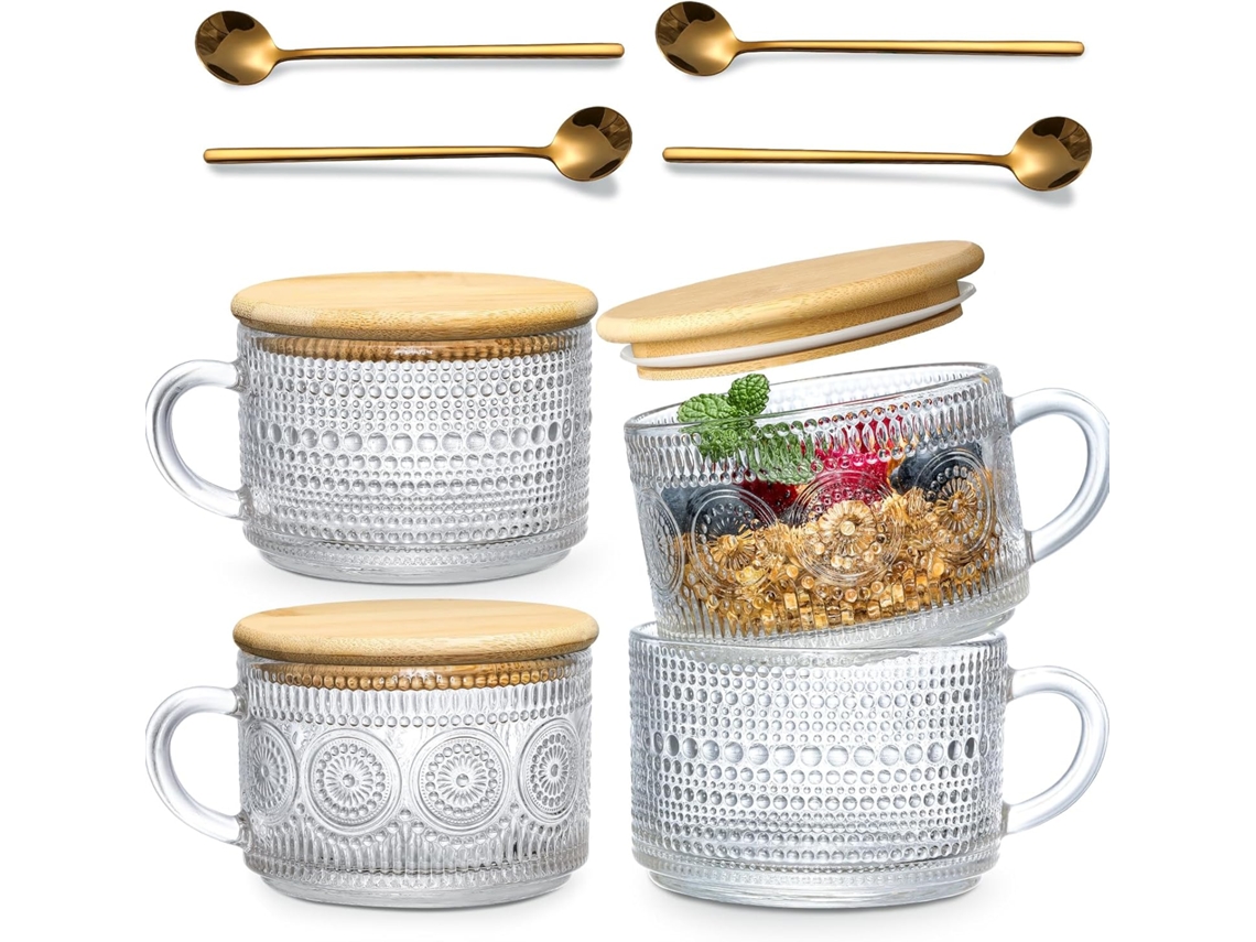 Conjunto De 4 Xícaras Café Vintage, Presente Para Mulheres, Com Tampa E Colher Bambu, Xícara Vidro Relevo, Gelado. Aquaforge