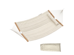Cama Rede Acolchoada De Jardim Portátil Com Almofada Ajustável Bolso Para Revistas Estrutura De Madeira 325x140 Cm Creme