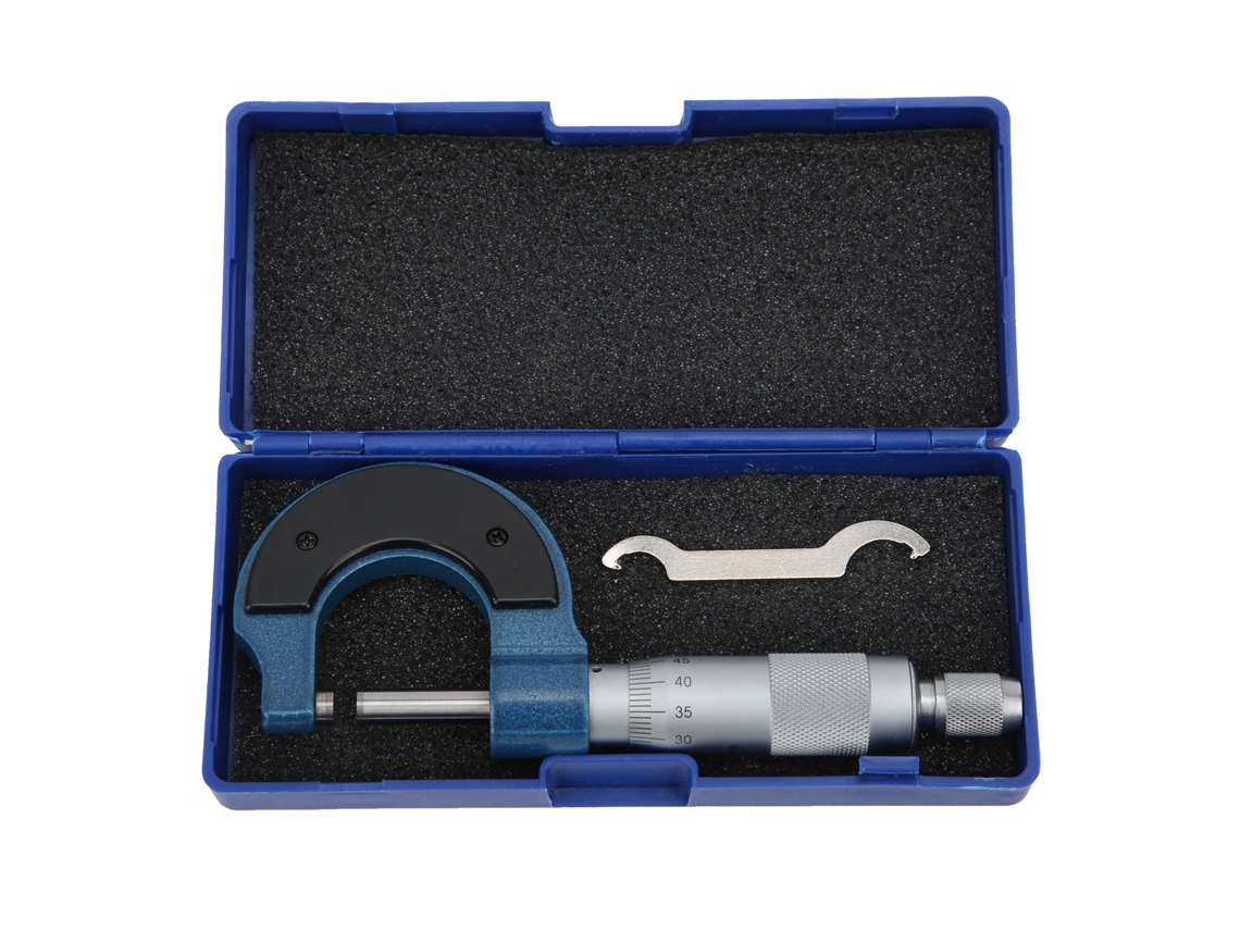 Micrômetro de diâmetro externo com escala de 0 a 25 mm, instrumento de medição com trava espiral em aço carbono.