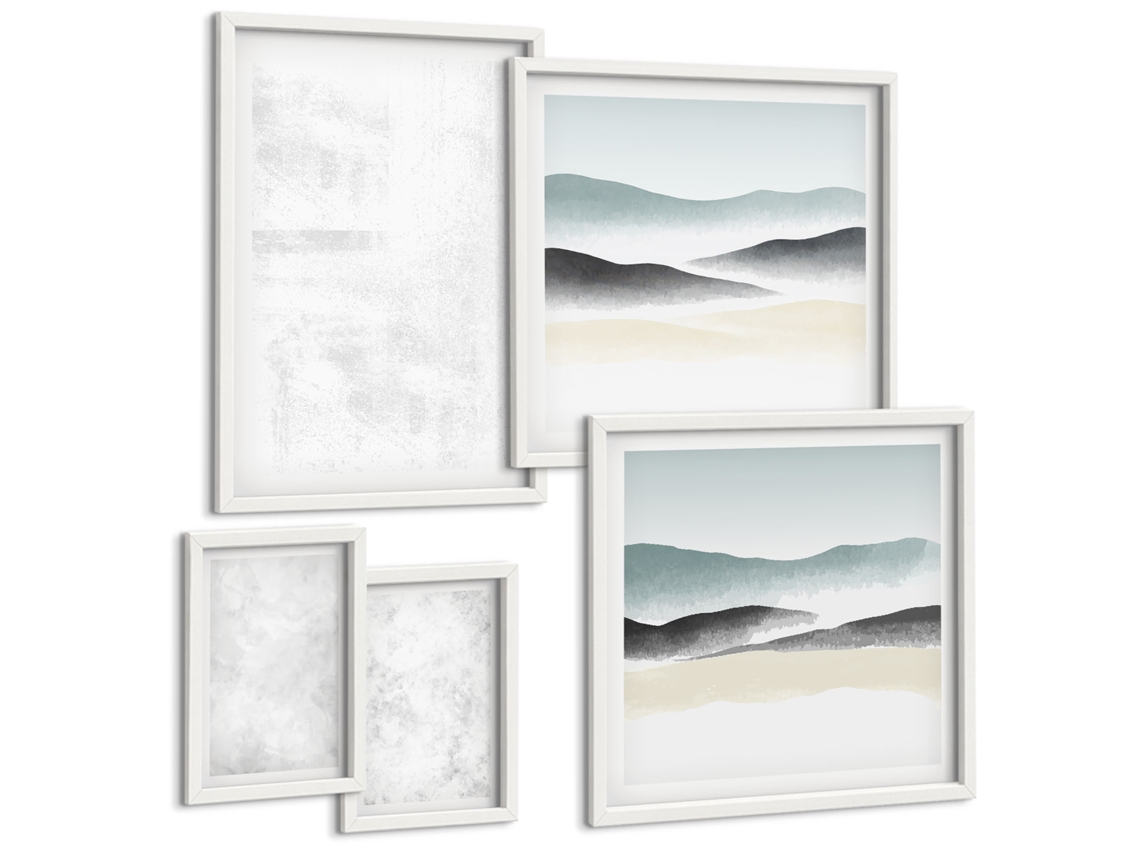 Pinturas Murais Modernas Paisagem Abstrata, Natureza E Geometria Moldura Branca Quadros Para O Escritório Espelharte (conjunto De 5 Imagens)