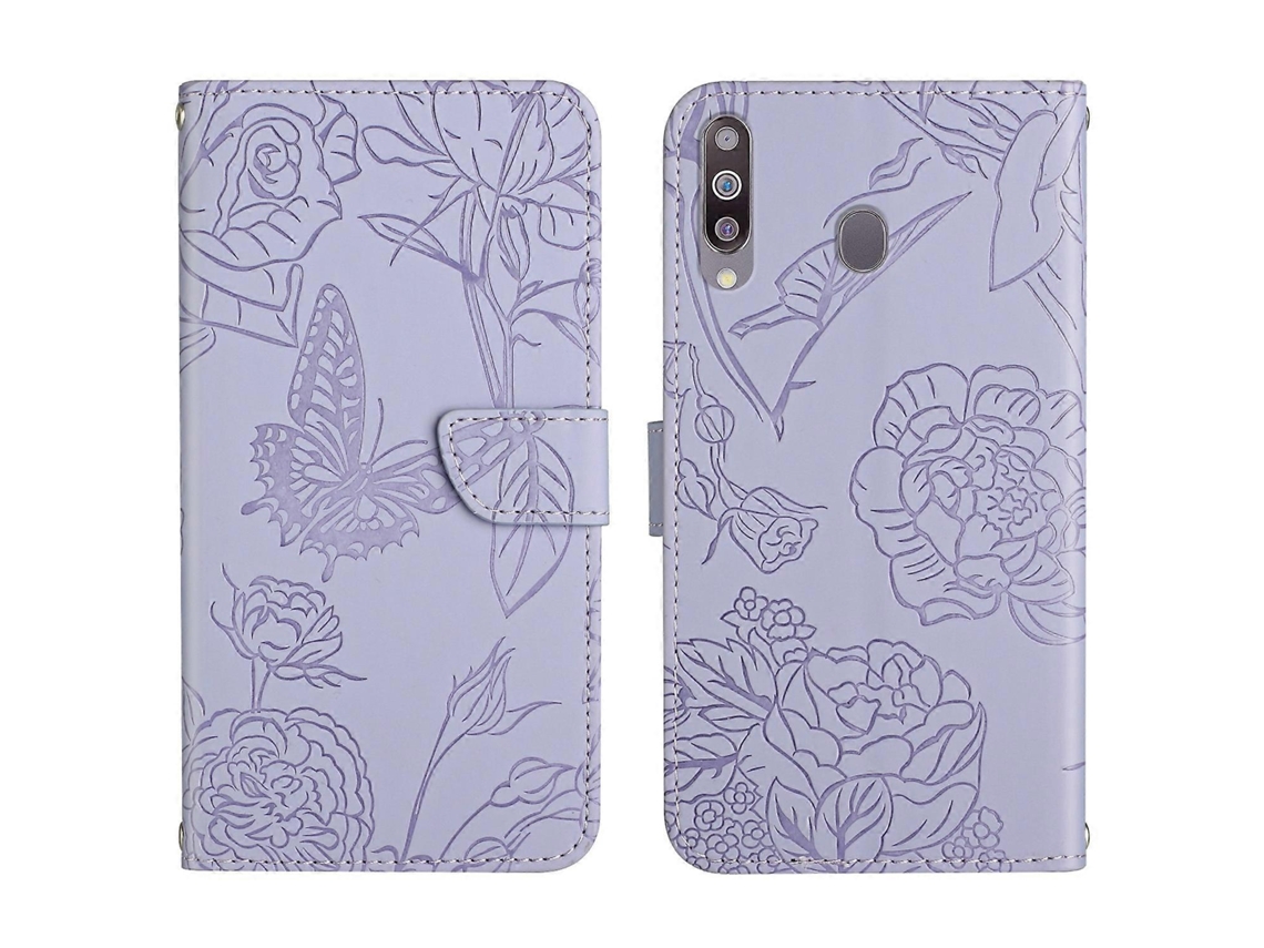 Capa De Couro Com Relevo E Estampa De Borboleta E Peônia Para Samsung Galaxy A20s