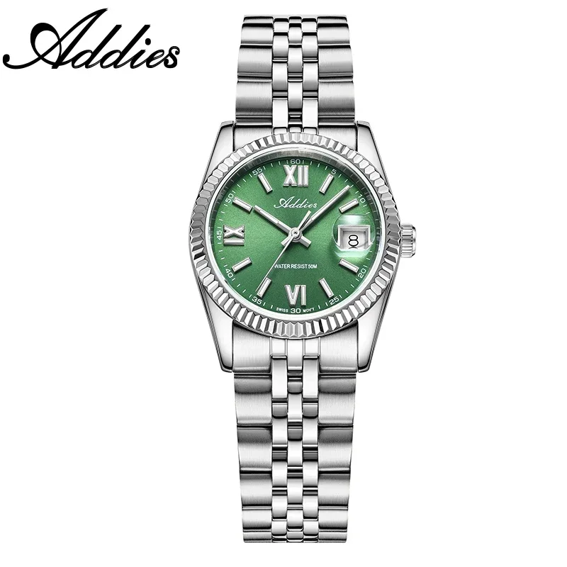 (prateado/aço Verde) Relógio Feminino De Quartzo 28mm Com Cristal De Safira E Ponteiros Luminosos, Resistência À Água De 50m