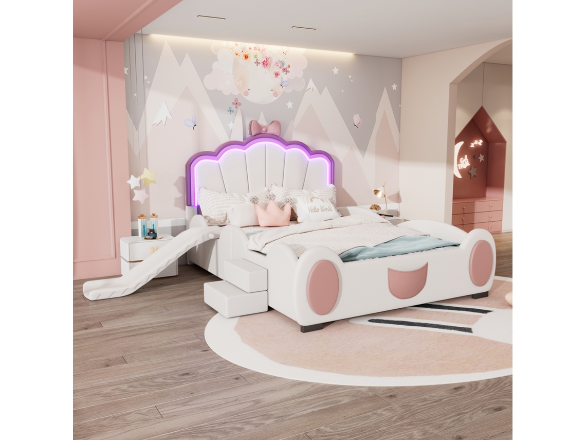 Cama Infantil 140x200 Led Escorregador Escada Pu Rosa Branco
